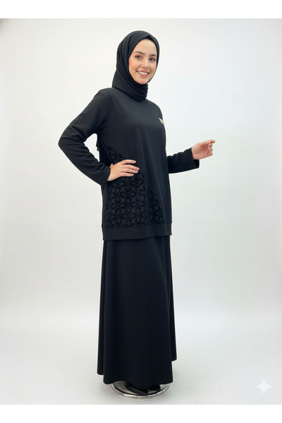 CELTMODA Women's Brocade Detailed Hijab Skirt Set - Black L