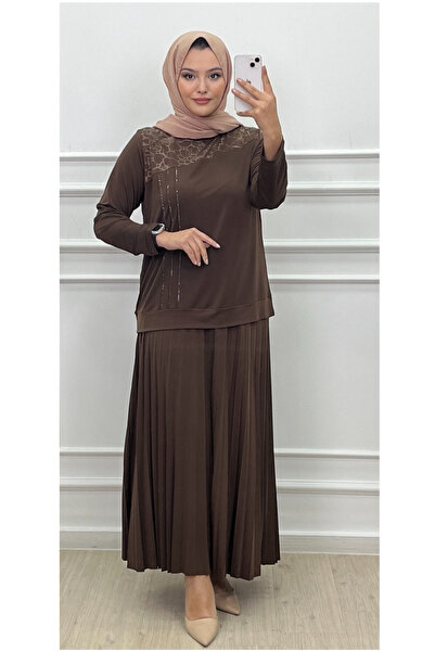 CELTMODA Women's Stone Detail Patterned Blouse-Skirt Hijab Two-Piece Set - Brown