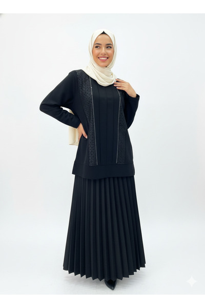 CELTMODA Women's Stripe Patterned Stone Scuba Hijab Skirt Set - Black Ll