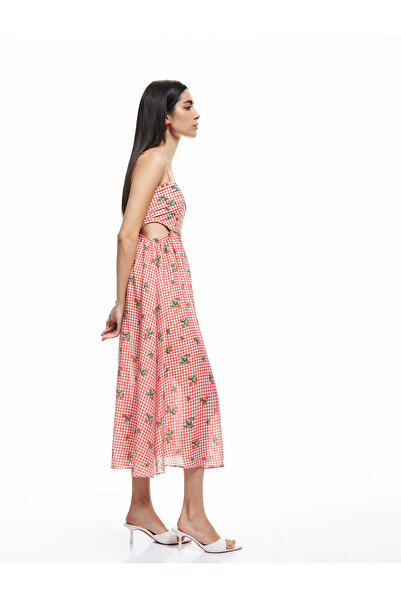 Koton Viscose Lined Window Detailed Gingham Strawberry Printed Thin Strap Dress