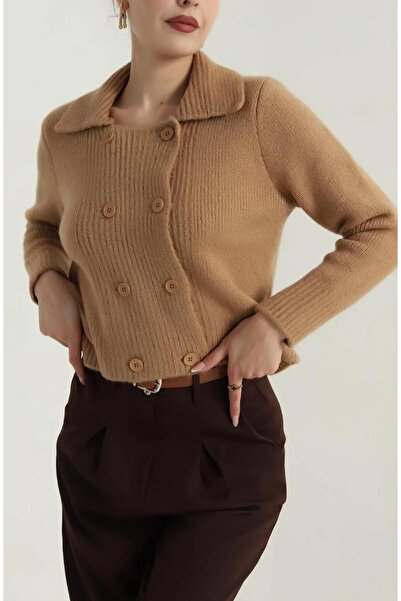 LUSHİGO Women's Polo Neck Buttoned Soft Textured Knitwear Lus Cardigan 5710