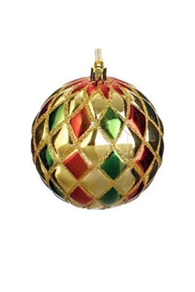IRO Christmas Tree Ornament - Globe with Red and Green Diamond Pattern & Gold Glitter Ø8 cm