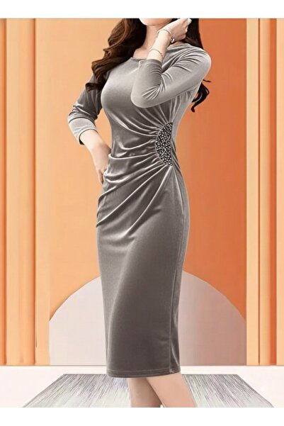 JANES Women's Long Sleeve Boots Neckline Side Stone Detailed Midi Velvet Dress