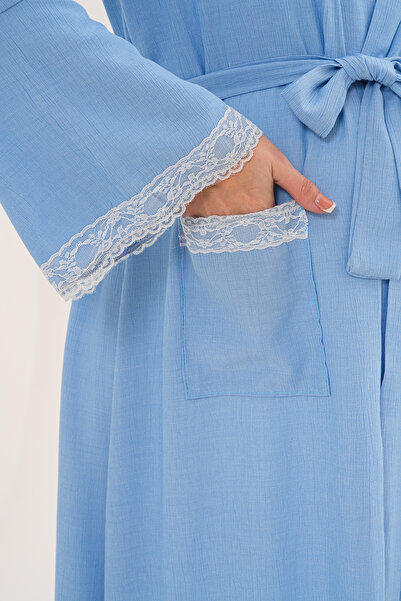 Lohussa Women's Blue Woven Dressing Gown Full Length Long Sleeve Special Design Maternity Dressing Gown Nightgown Set