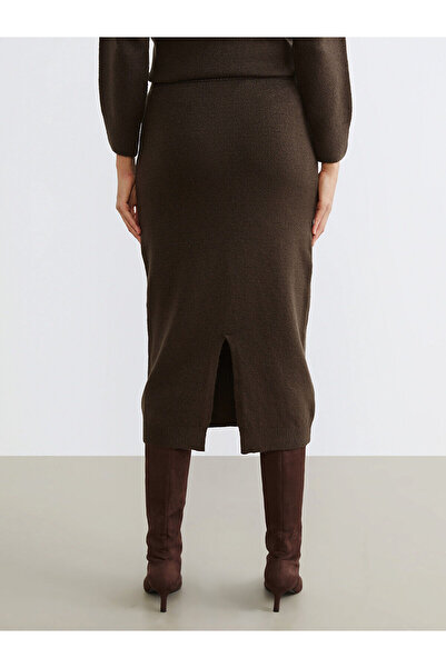 LC Waikiki Καφέ πλεκτή φούστα με ελαστική μέση και σκίσιμο