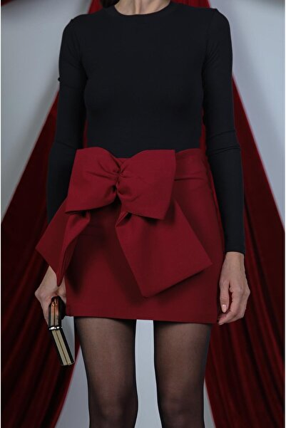 Havoş Burgundy Mini Skirt with Bow on the Front
