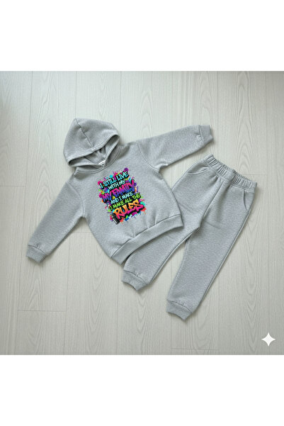 aytok tekstil Unisex Children's Black Navy Blue Gray I Still Live with My Family Graffiti Printed Hooded Tracksuit Set