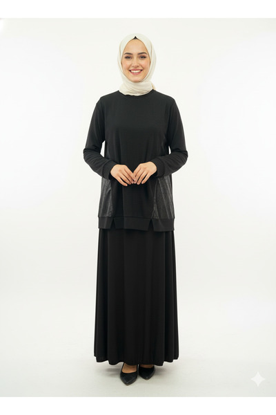 CELTMODA Women's Mesh Leather Detailed Skirt Hijab Set - Black