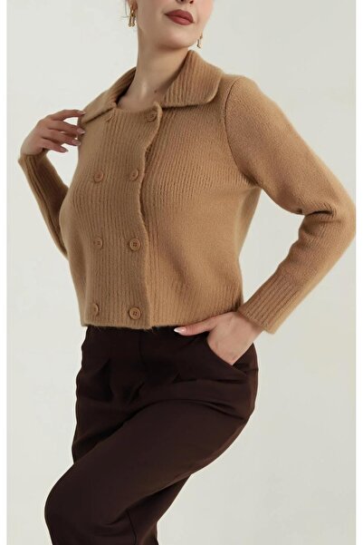 LUSHİGO Women's Polo Neck Buttoned Soft Textured Knitwear Lus Cardigan 5710