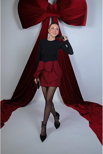 Havoş Burgundy Mini Skirt with Bow on the Front