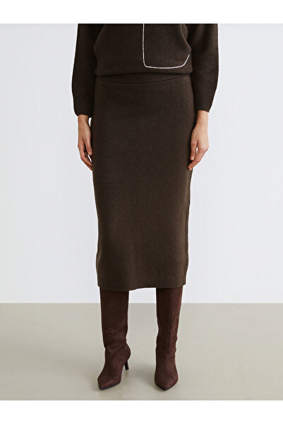 LC Waikiki Καφέ πλεκτή φούστα με ελαστική μέση και σκίσιμο