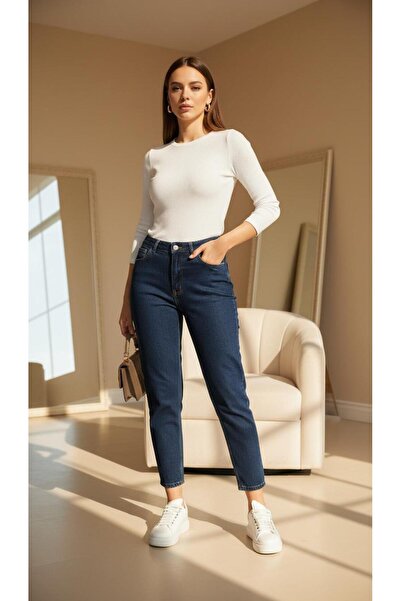 geenz manifacture Navy Blue Sky Stretch Fabric Stretchy Mom Jeans Denim Trousers