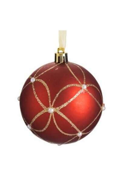 IRO Christmas Tree Ornament - Matte Red Bauble with Gold Glitter Patterns & Beads Ø8 cm
