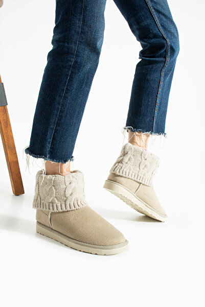 LORENN SHOES Mini Beige Knitted Knitwear Women's Boots with Fur Inside and Flat Sole