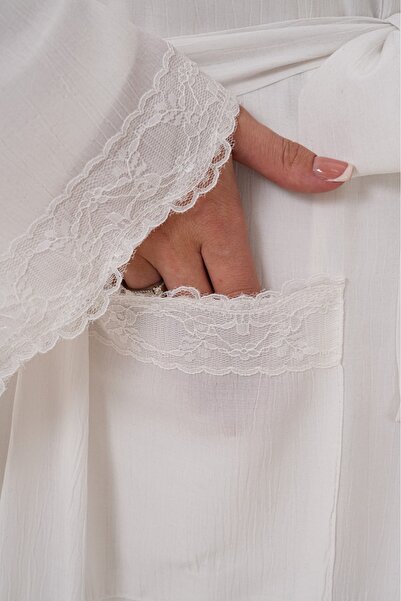 Lohussa Ecru Woven Dressing Gown Full Length Flounce Sleeve Lace Special Design Maternity Dressing Gown Nightgown Set