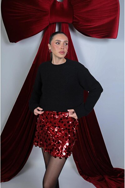 Havoş Red Sequined Mini Skirt