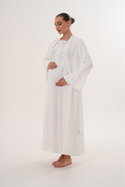 Lohussa Ecru Woven Dressing Gown Full Length Flounce Sleeve Lace Special Design Maternity Dressing Gown Nightgown Set
