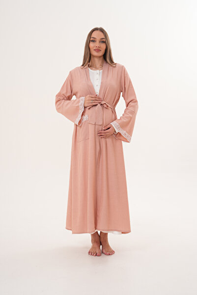 Lohussa Dark Salmon Woven Full-Length Gown with Flared Sleeves, Special Design Maternity Nightgown Set