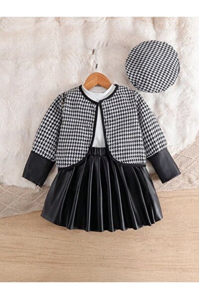 shop Jachetă în carouri din imitație de piele, combinație din 3 piese pentru ...