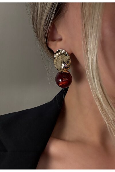 PALICE Dövme Gold ve Bordo Top Detaylı Küpe