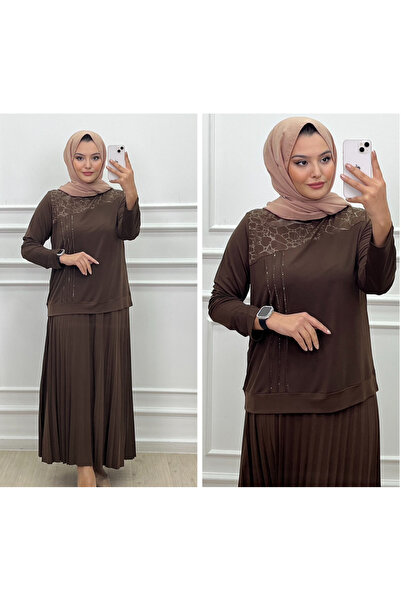 CELTMODA Women's Stone Detail Patterned Blouse-Skirt Hijab Two-Piece Set - Brown