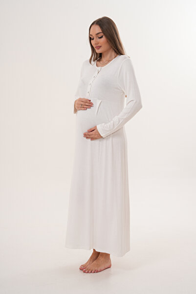 Lohussa Women's Blue Woven Dressing Gown Full Length Long Sleeve Special Design Maternity Dressing Gown Nightgown Set