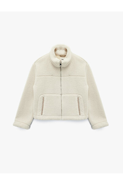 Koton Mock Neck Crop Plush Coat with Pockets, Long Sleeves and Zipper