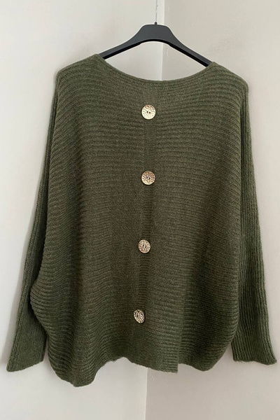 AYASOFYA OTANTIK Women's Italian Khaki Plain Pattern Back Button Detailed Casual F Corded Fabric Sweater Blouse