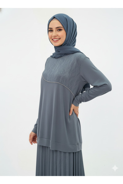 CELTMODA Women's Patterned Sand Crepe Blouse-Skirt Two-Piece Set - Gray