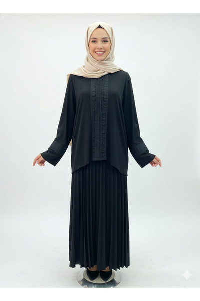 CELTMODA Women's Parachute Detail Sandy Skirt-Blouse Hijab Set - Black