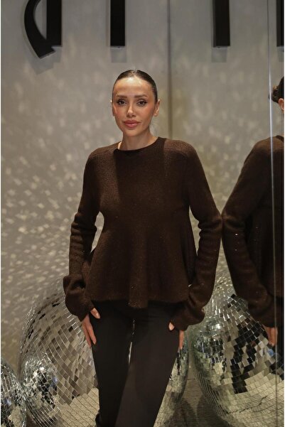 Havoş Brown Peplum Sequin Glitter Sweater