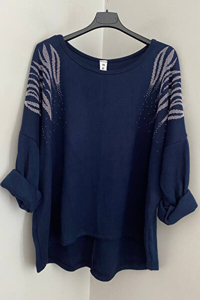 AYASOFYA OTANTIK Women's Italian Navy Blue Round Neck Stone Angel Wing Detail...