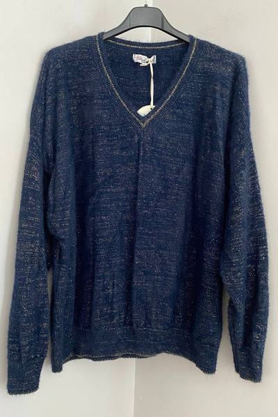 AYASOFYA OTANTIK Women's Italian Navy Blue V-Neck Glittery Loose Blouse Sweater