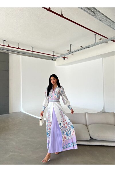 WellWay Atlas Fabric Floral Patterned Shirt Collar Button Detail Lilac Dress (Belt Included)-4249