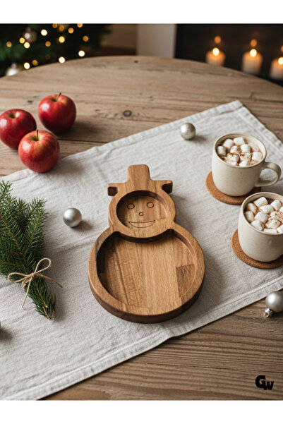 GOLDENWOODEN Christmas Presentation Plate Christmas Snowman Natural Wooden Cookie Plate (Beech / Hawthorn)(1 Piece)