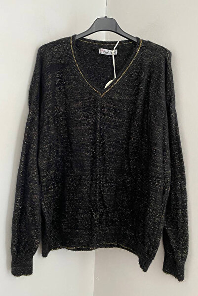 AYASOFYA OTANTIK Women's Italian Black V-Neck Glittery Loose Blouse Sweater