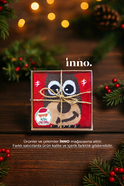 Inno Yılbaşı Desenli Noel Babalı Hediyelik Kraft Kutulu Çorap Tekli
