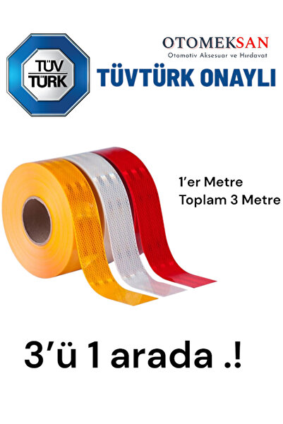 OTOMEKSAN TÜVTÜRK Onaylı 3’lü Reflektif Şerit Seti – Sarı + Beyaz + Kırmızı (Toplam 3 Metre)