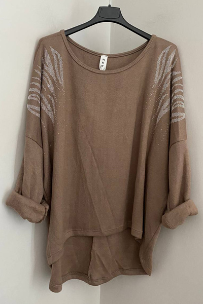 AYASOFYA OTANTIK Women's Italian Mink Round Neck Stone Angel Wing Detailed Long Sleeve Loose Blouse Sweater