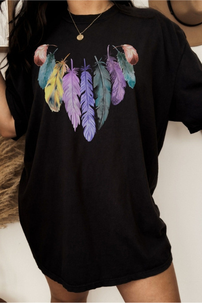 EYMORA Women's Colorful Feathers Design Printed T-Shirt