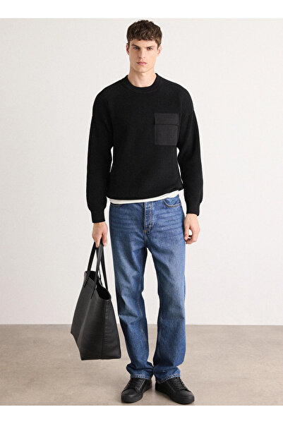 BOSS Bisiklet Yaka Relaxed Siyah Erkek Kazak Kalamaro