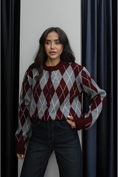 Havoş Burgundy Gray Coated Buttoned Diamond Pattern Cardigan