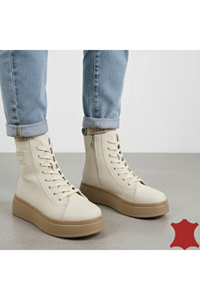 piele naturala Women's leather beige boots with thick brown sole