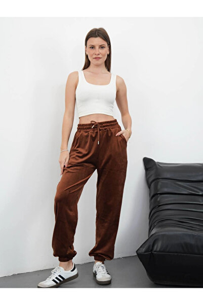 TH COLLECTİON Velvet Tracksuit with Elasticated Cuffs Coffee Md34 - XL