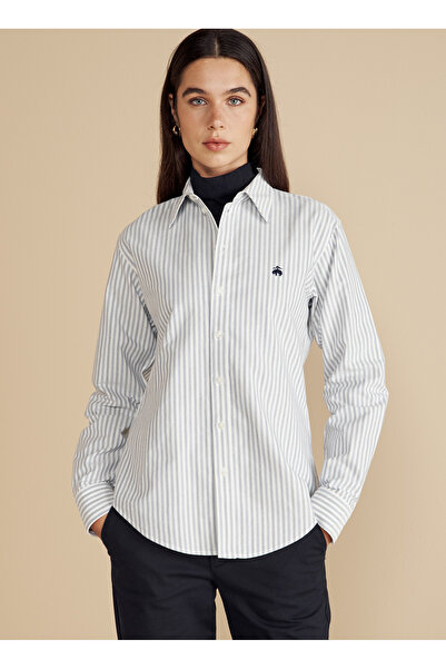 BROOKS BROTHERS Oversize Gömlek Yaka Mavi - Beyaz Kadın Gömlek %100 Pamuk Logo Nakışlı Oxford Göm