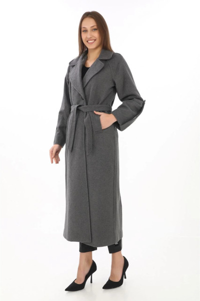 buğrahayalin Long Cashmere Coat – Woolen Woven Cashmere Fabric, Double-Breasted Collars, Belted Lined Hijab Suit