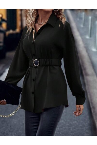 KentselBazaar Vibe Unico Women's Long Sleeve Collared Front Buttoned Imported Crepe Blouse with Waist Belt