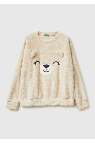 United Colors of Benetton Women's cream fleece teddy embroidered pajama top