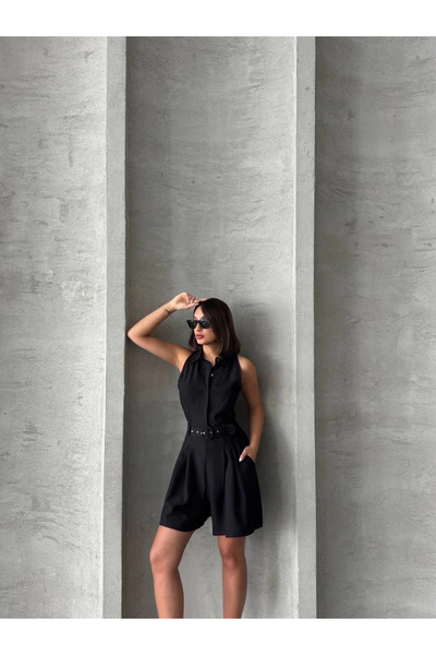 ZENGEZUR MALL Nrzsnt Collared Shorts Jumpsuit Black (84131) (Size: S)