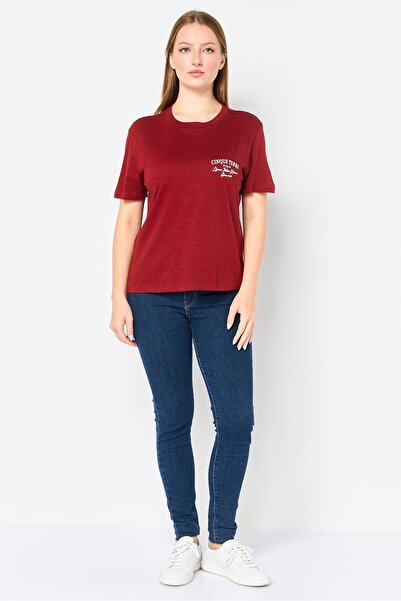 Brave Soul Women Crew Neck Short Sleeve Embroidered T-Shirt, Burgundy